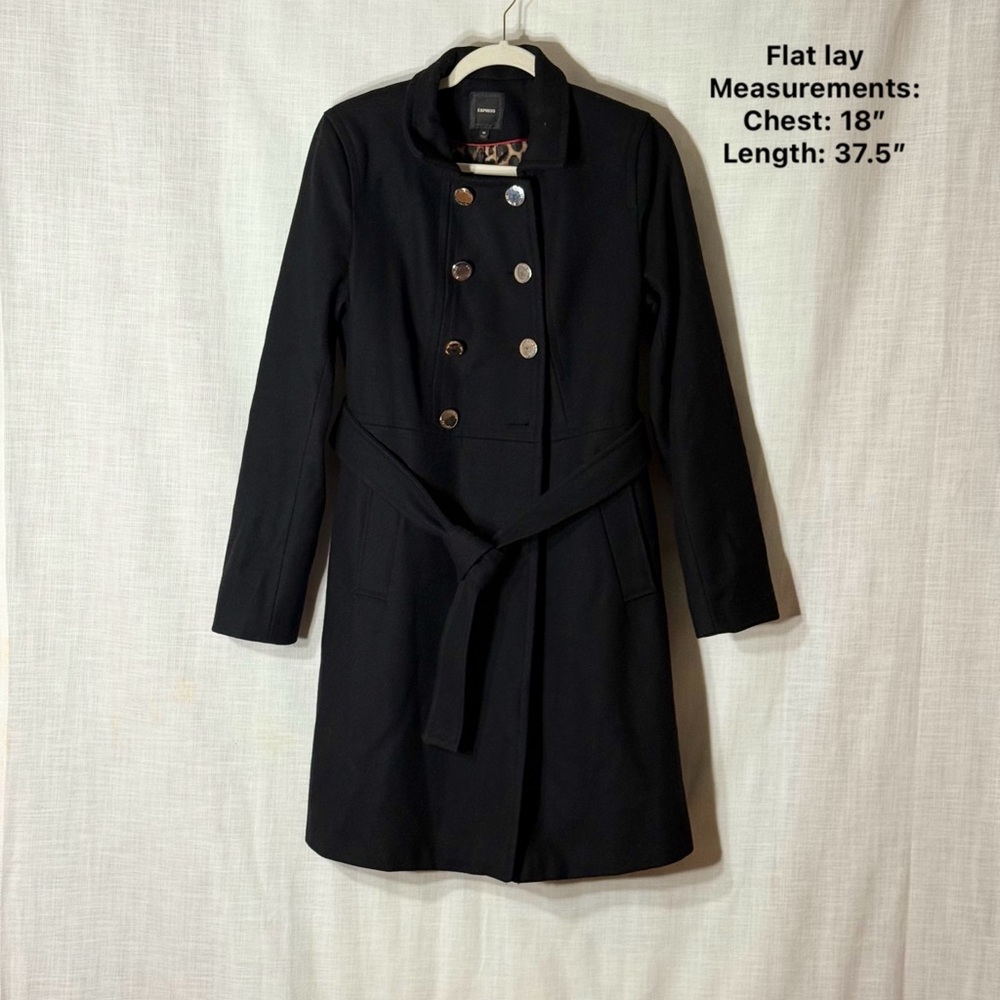 Express Black Long Military Peacoat Belted Lined Wool Blend M